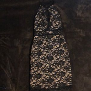 Tan and black, lace, fitted dress